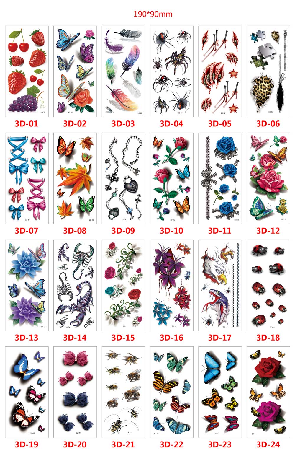 10 Sheet 3D Flower Butterfly Bowknot Scorpion Temporary Tattoos