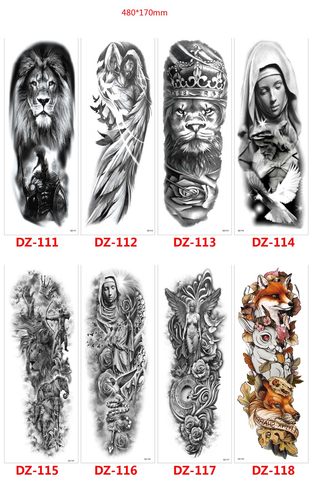 5 Sheet Full Arm Temporary Tattoo Jesus Queen Skeleton Lion King