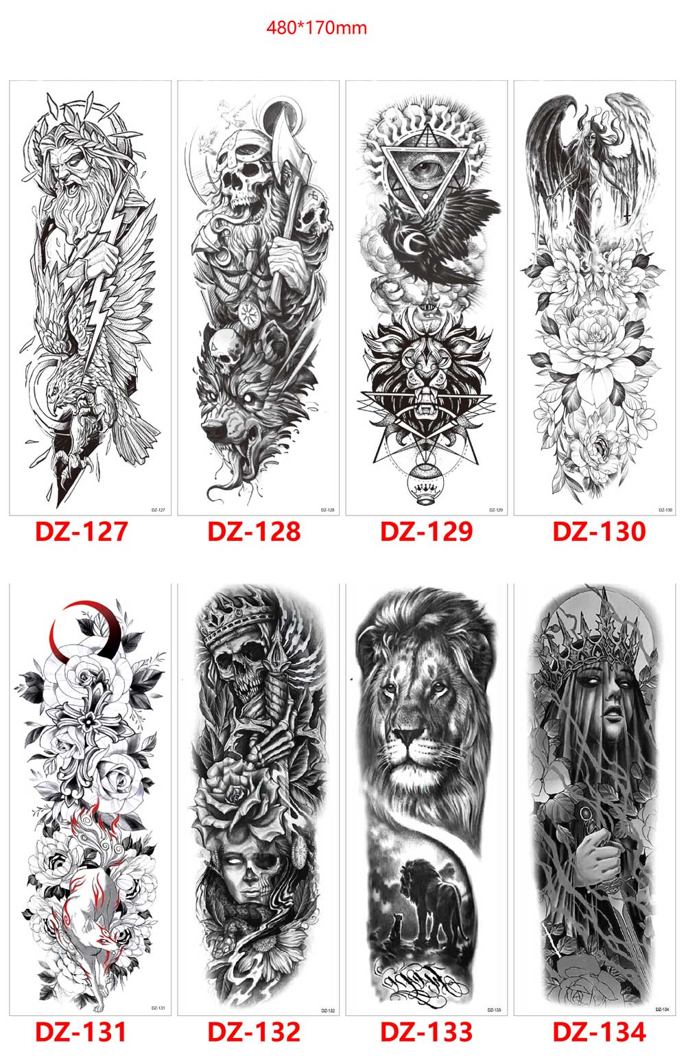 5 Sheet Full Arm Temporary Tattoo Jesus Queen Skeleton Lion King