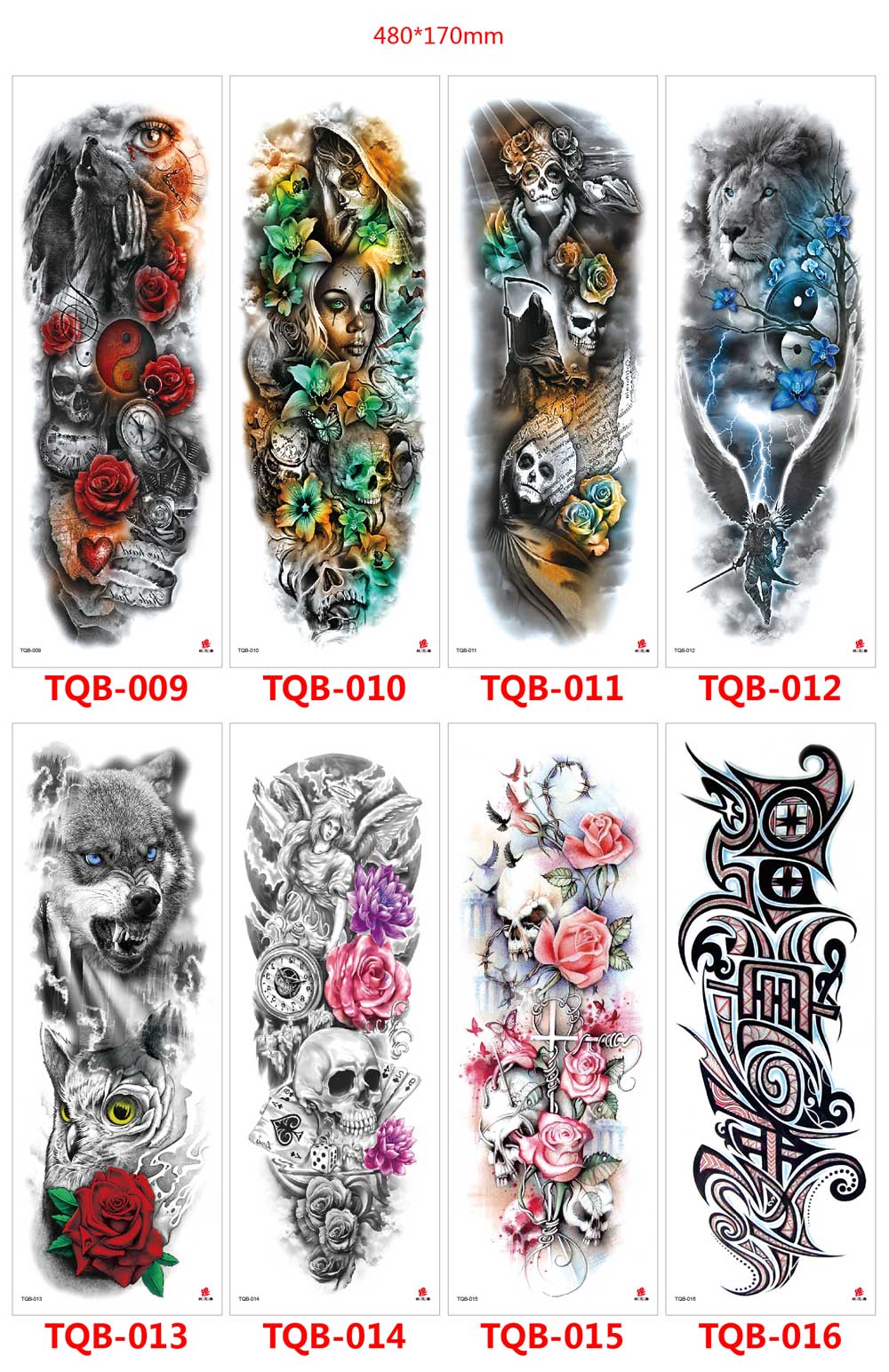 5 Sheet Full Arm Sleeve Tattoo Stickers TQB Series 001-080