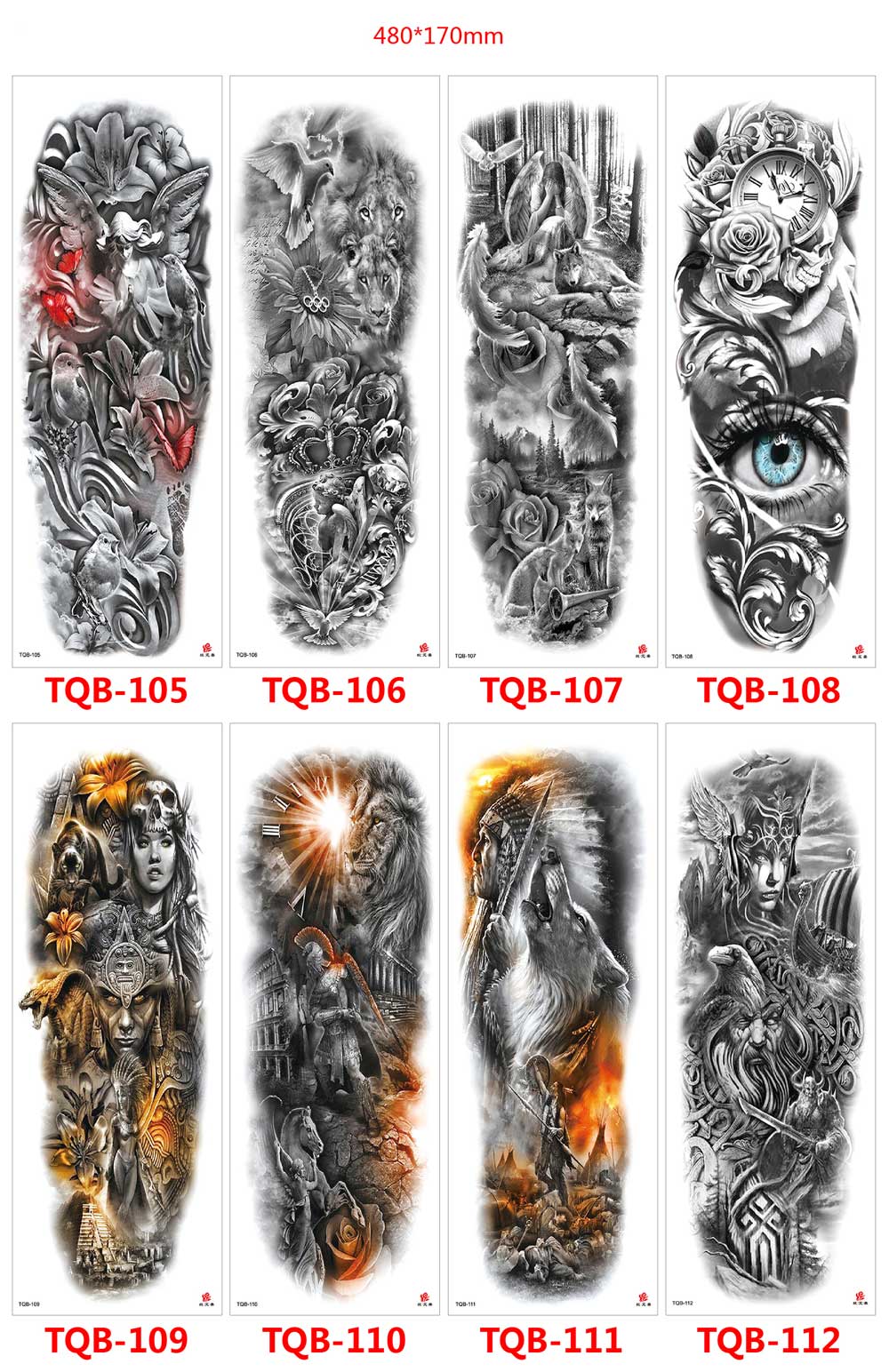 5 Sheet Full Arm Tattoo Stickers TQB Series 081-160