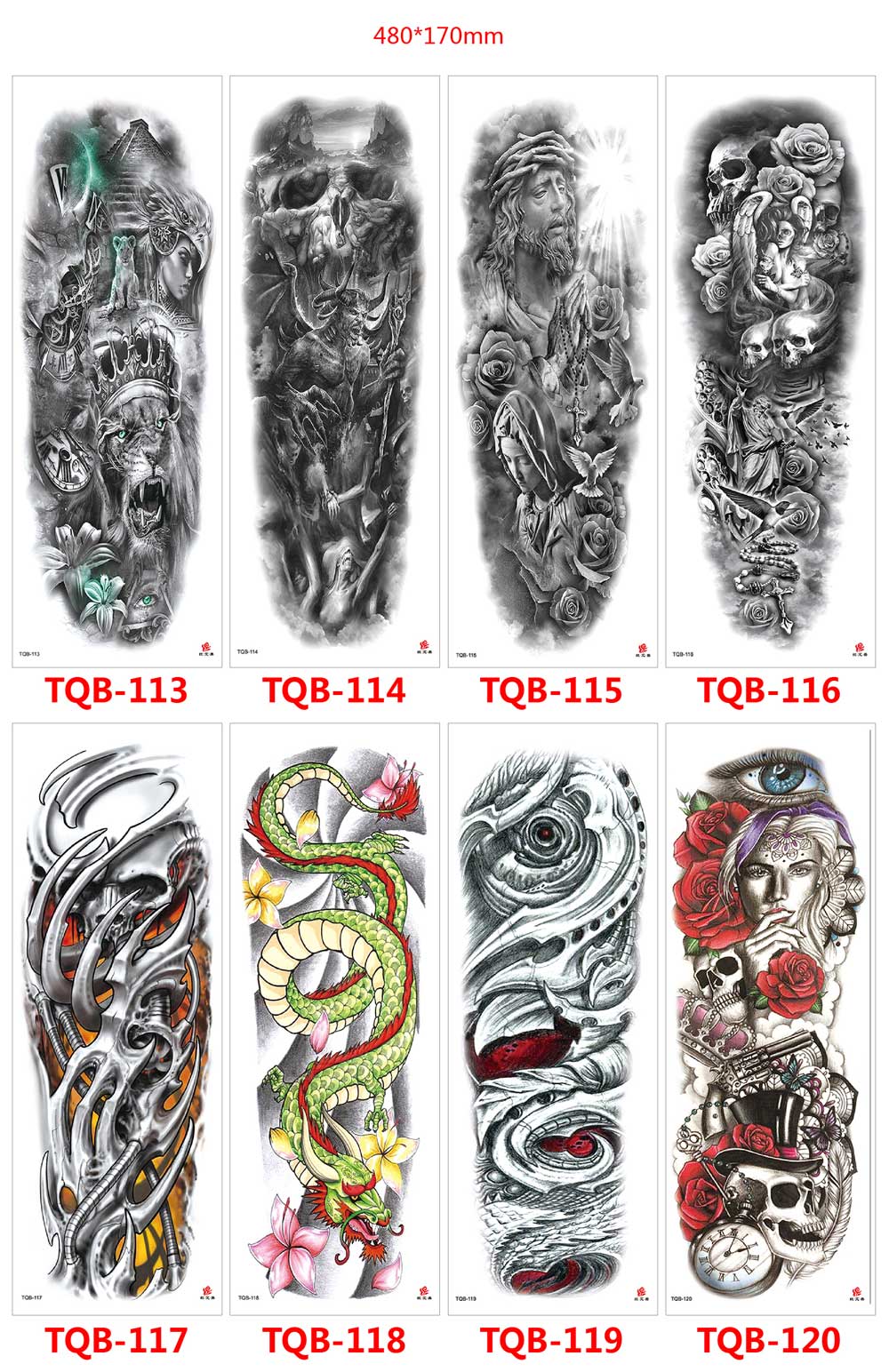 5 Sheet Full Arm Tattoo Stickers TQB Series 081-160